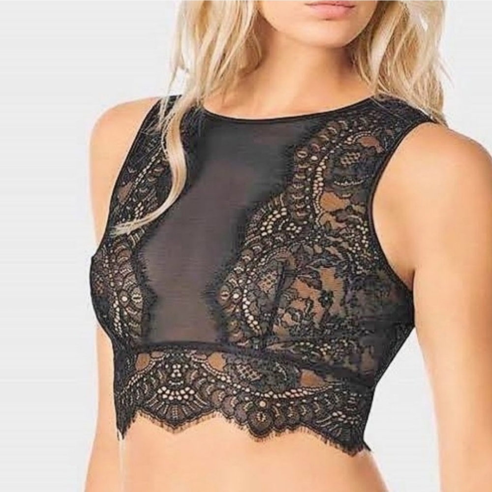 La Senza Mesh & Lace High-Neck Crop Top Bralette - black - Size large